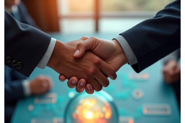Two hands shaking over a globe, symbolizing international business and agreements.